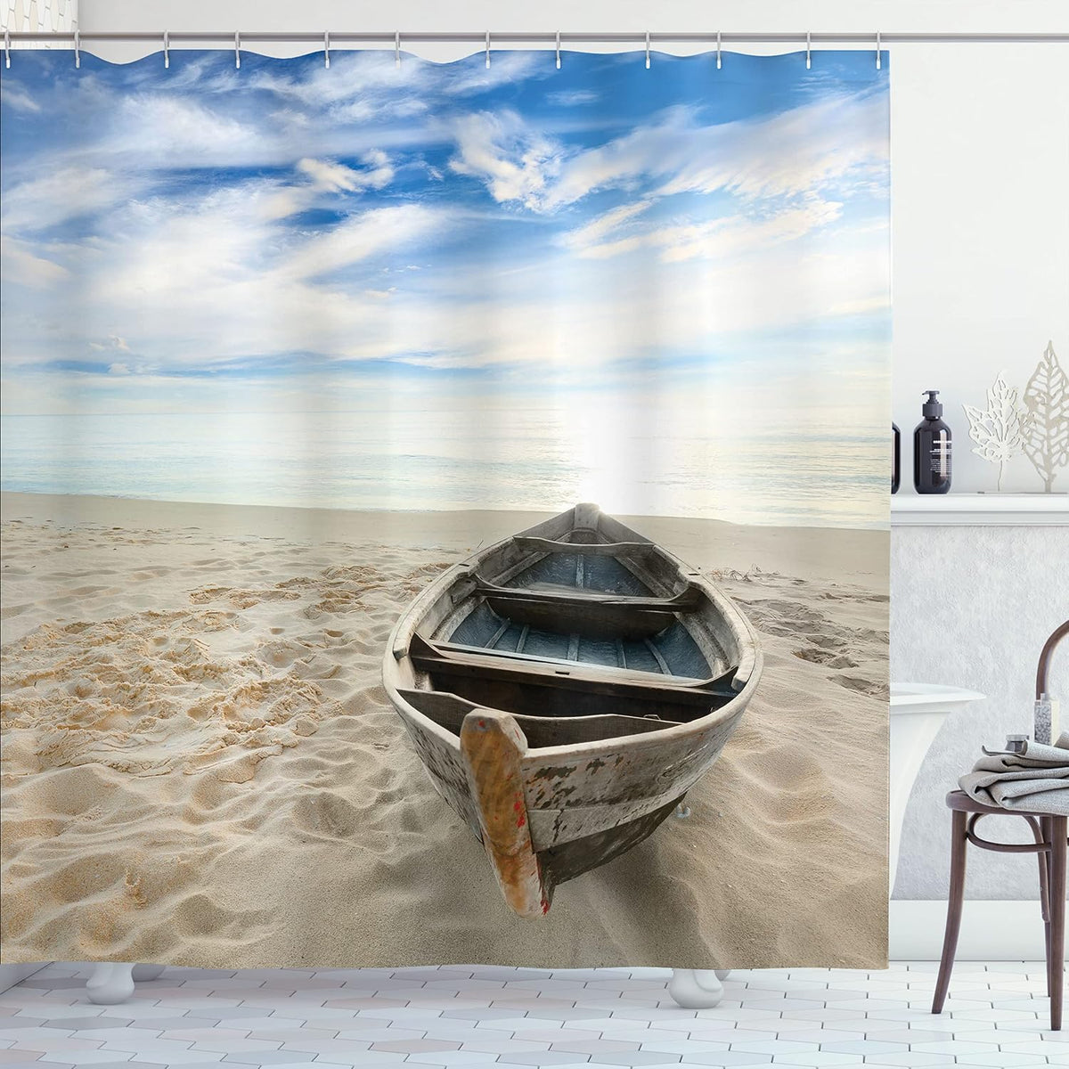 Rustic Boat on The Shore Shower Curtain