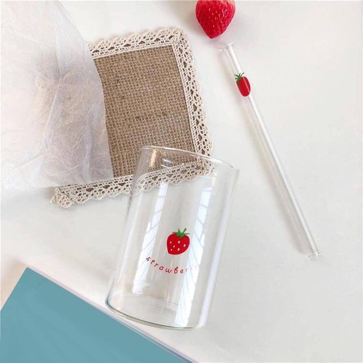 Strawberry Glass Tumbler with Straw