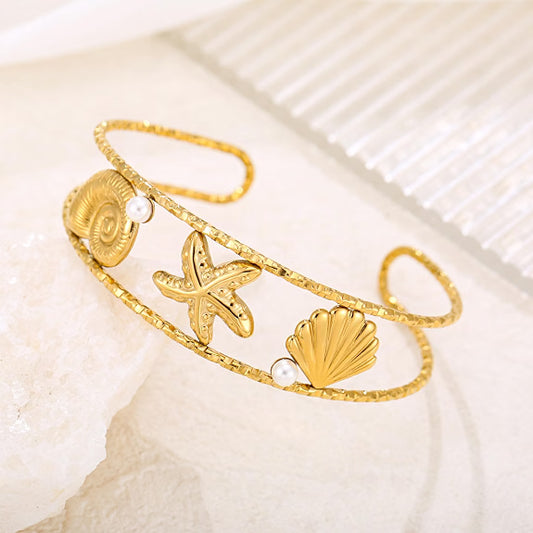 Gold Starfish Seashell Coach Cuff Bangle