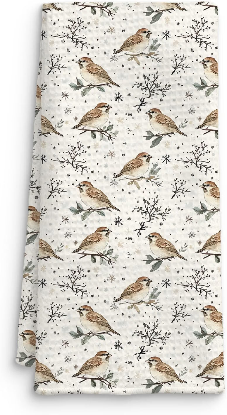 Rustic Winter Sparrow Bird Kitchen Towel