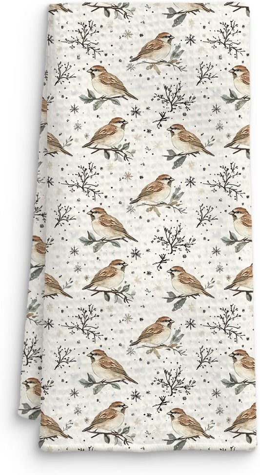 Rustic Winter Sparrow Bird Kitchen Towel
