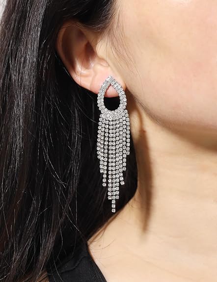 Rhinestone Teardrop Tassel Earrings