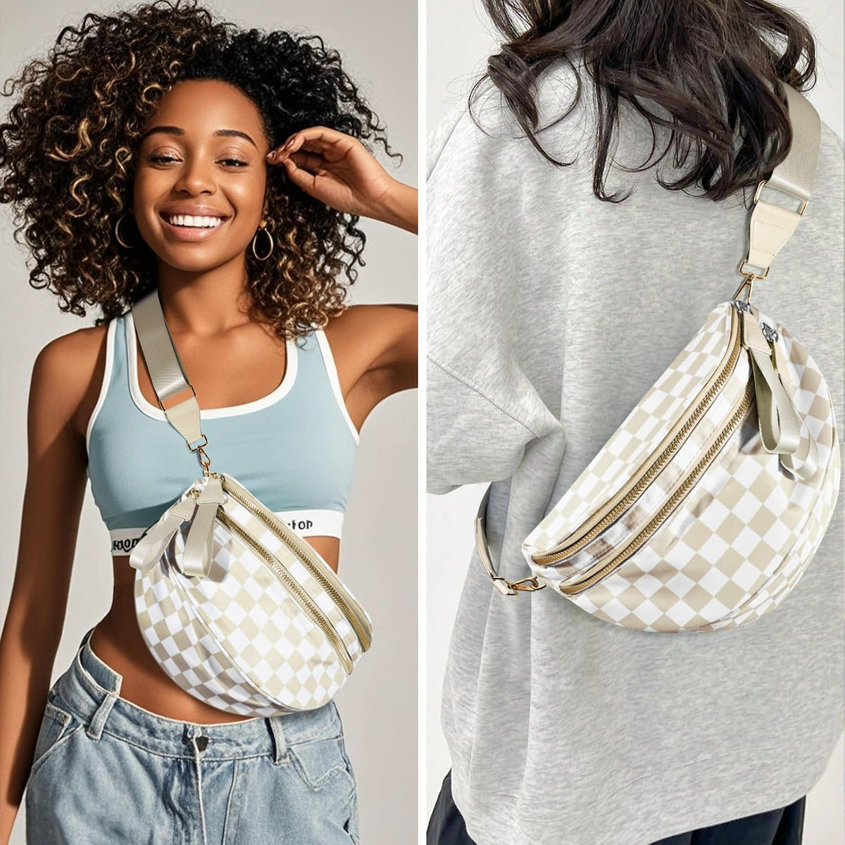 Beige Checkered Crossbody/Fanny Pack Bag