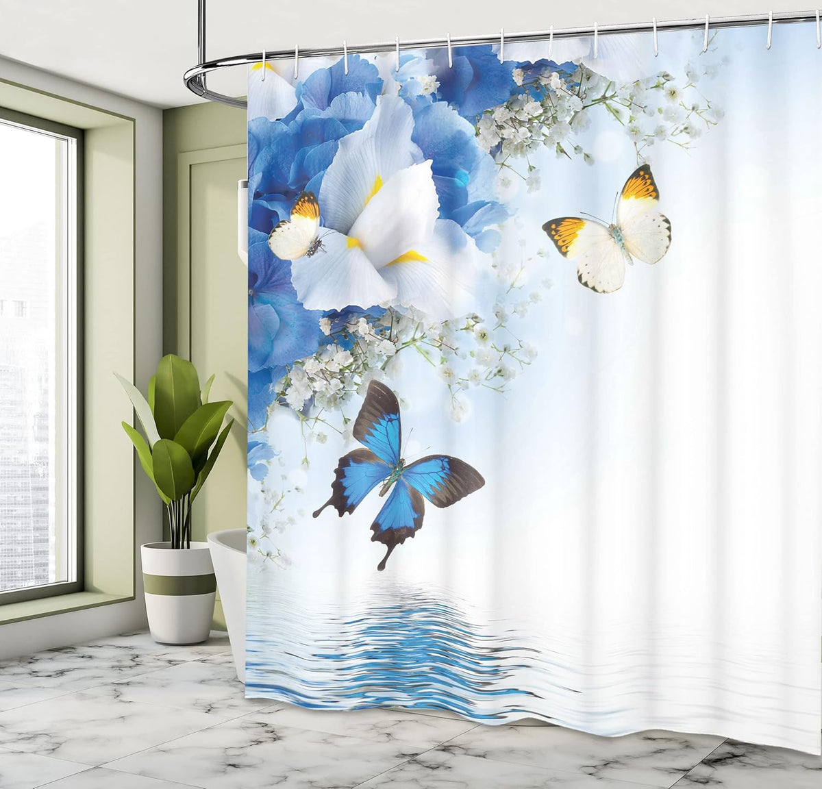 Blue Floral Butterfly Shower Curtain