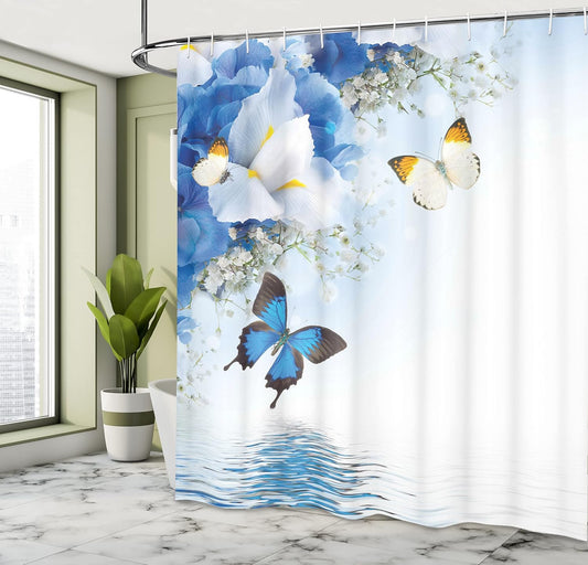 Blue Floral Butterfly Shower Curtain