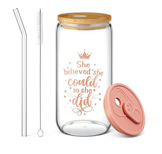 Glass Cup with Bamboo Lid & Glass Straw